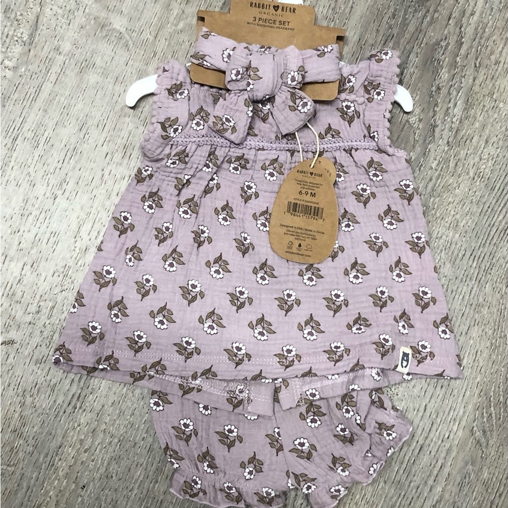 Rabbit & Bear Mauve Floral Dress with Coordinating Bloomers & Headband